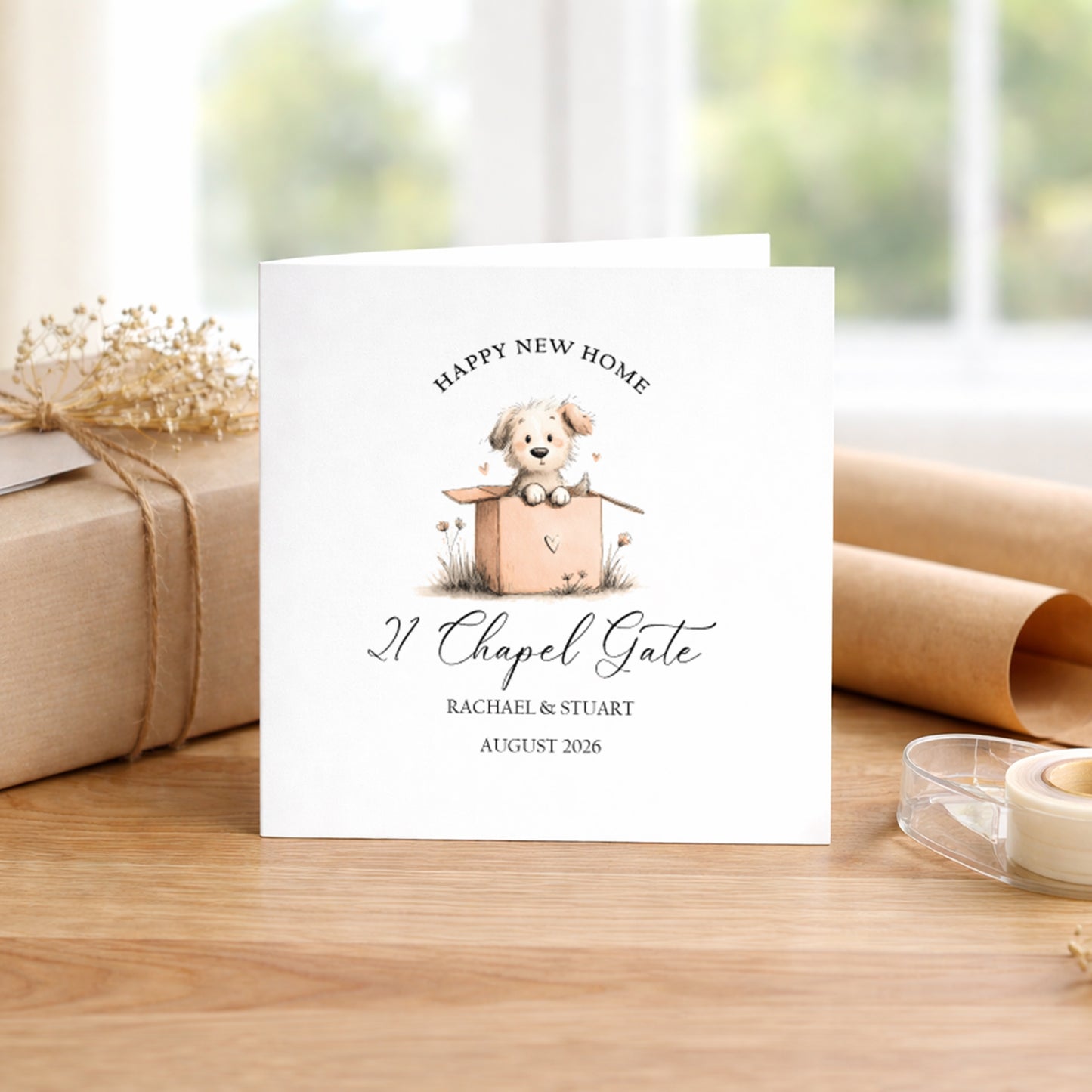 Personalised New Home Card | Dog in a Moving Box Design