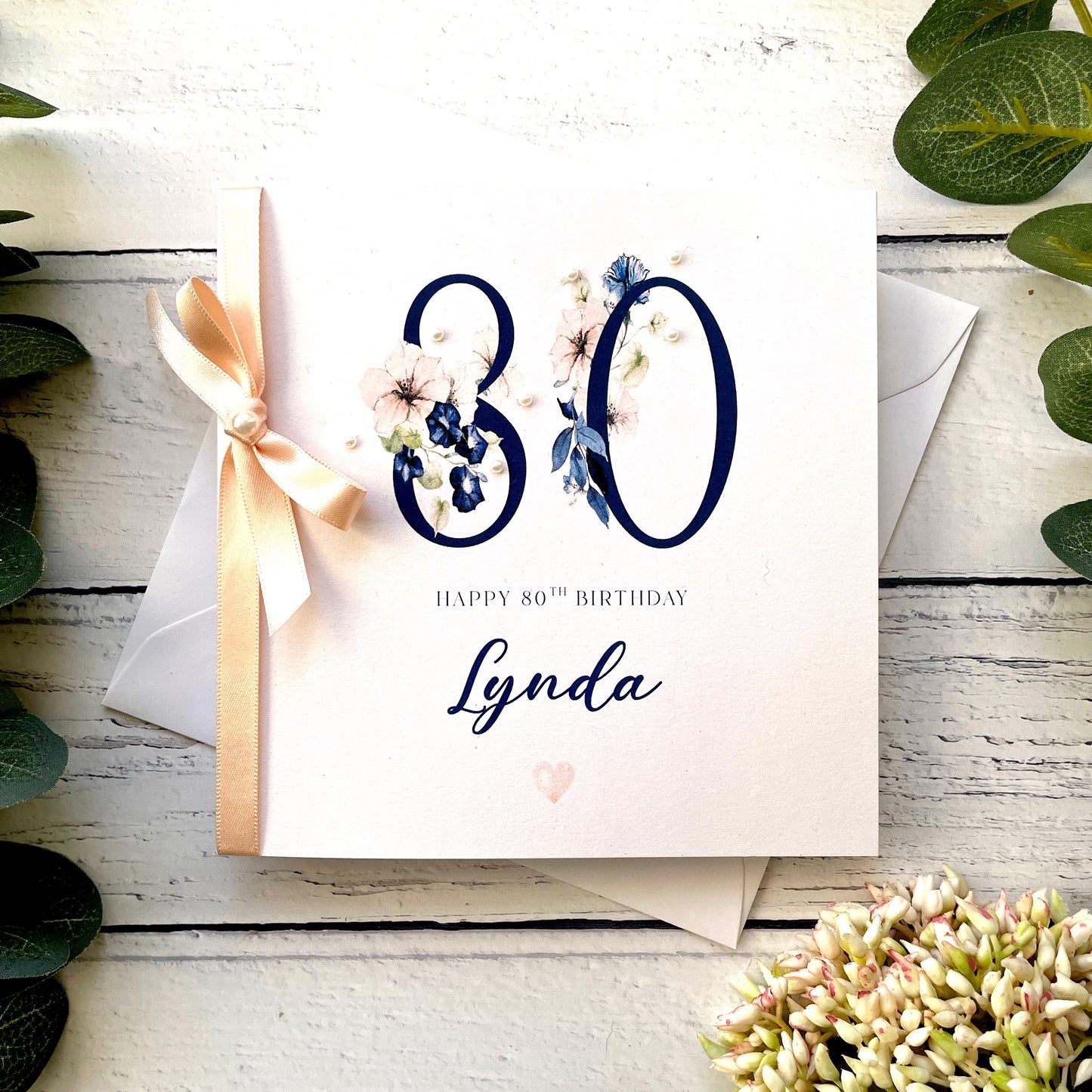 Personalised 80th Birthday Card - Navy & Peach Design