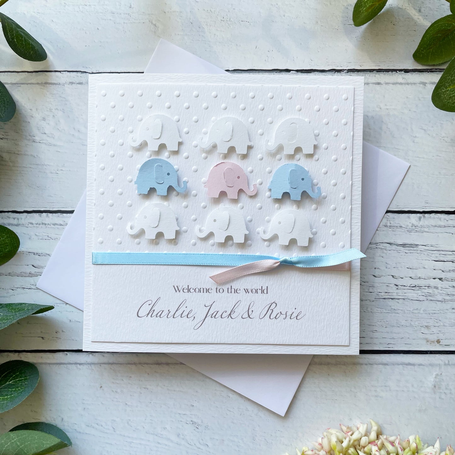 Personalised Handmade Elephant New Baby Triplets Card