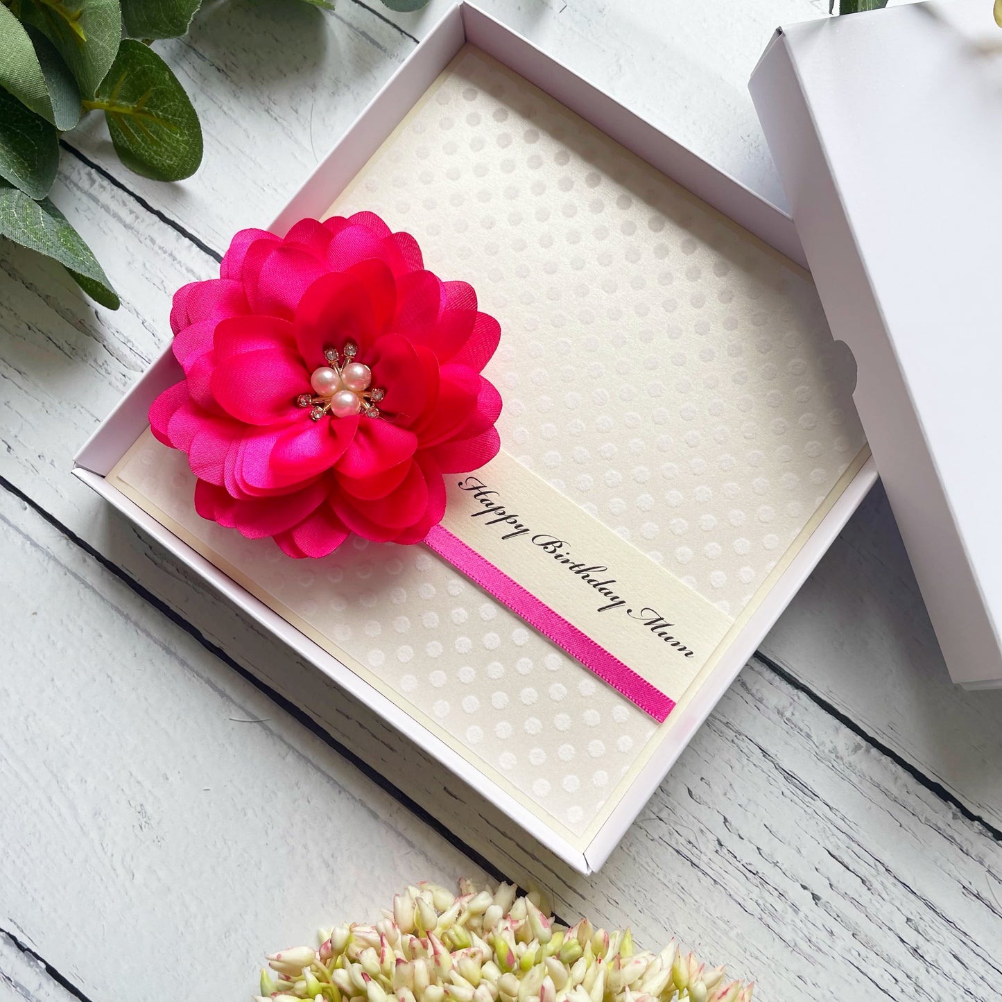 Handmade Floral Birthday Card For Her - Fuchsia and Polka Dot