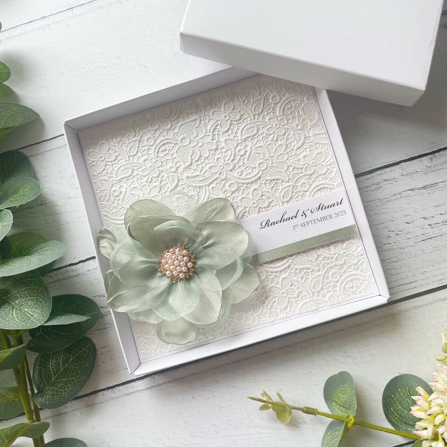 Sage Green Flower Wedding Card - Personalised