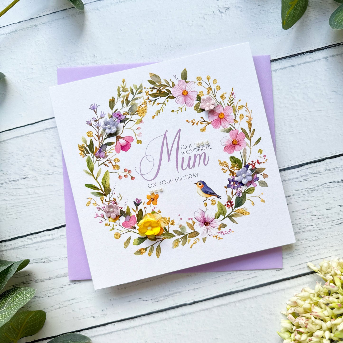 Personalised Mum Floral Wreath Birthday Card, In Lilac & Yellow
