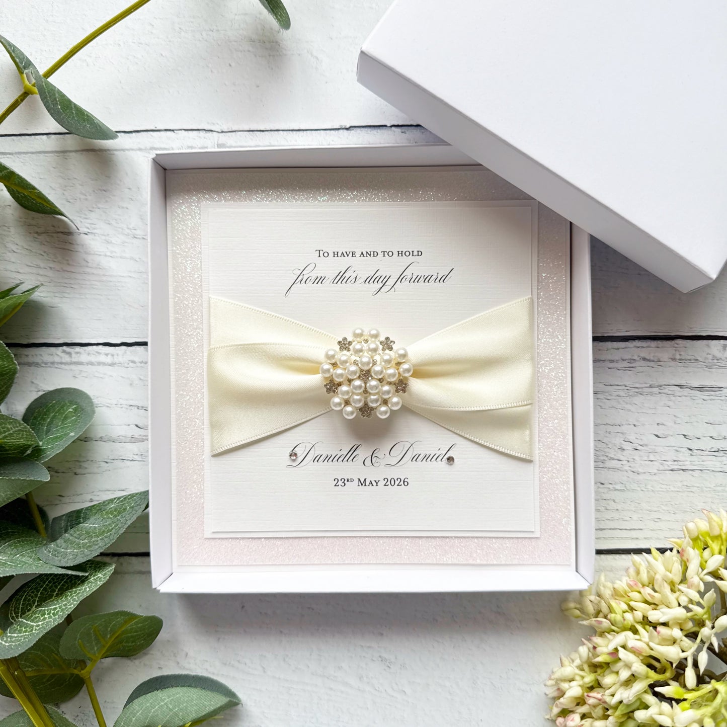 Luxury Boxed Personalised Wedding Card with Pearl Embellishment - Choice of Ribbon