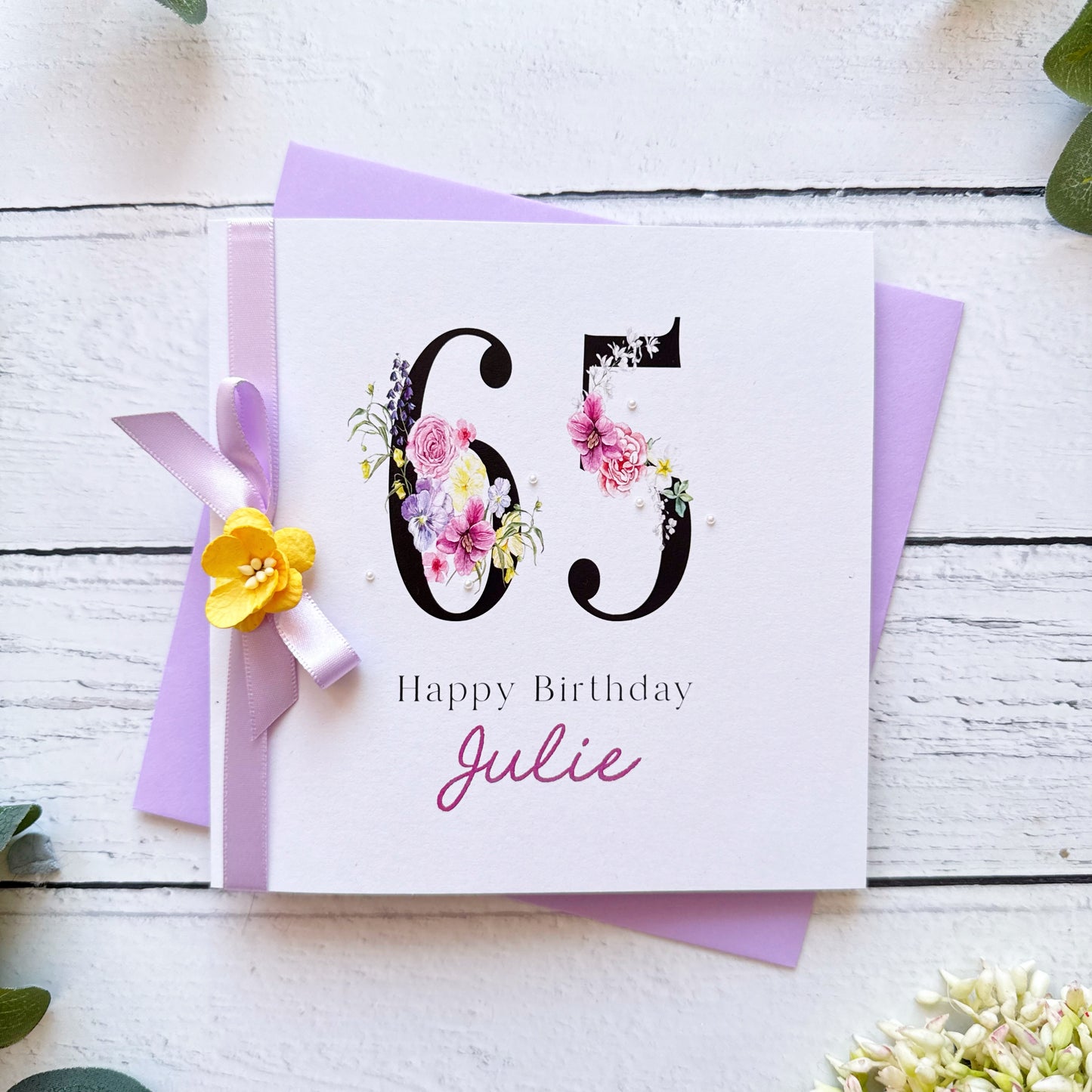 Personalised Floral Number 65th Birthday Card - Lilac & Yellow