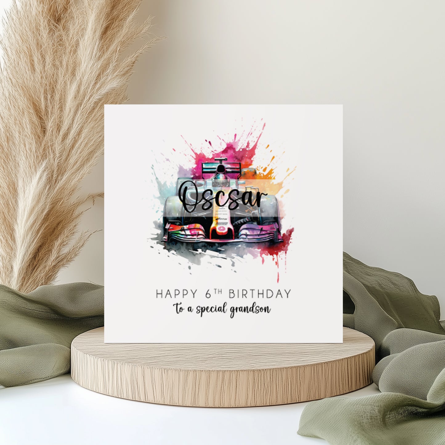 Personalised Formula 1 Birthday Card for Boys - Watercolour Racing Car Design