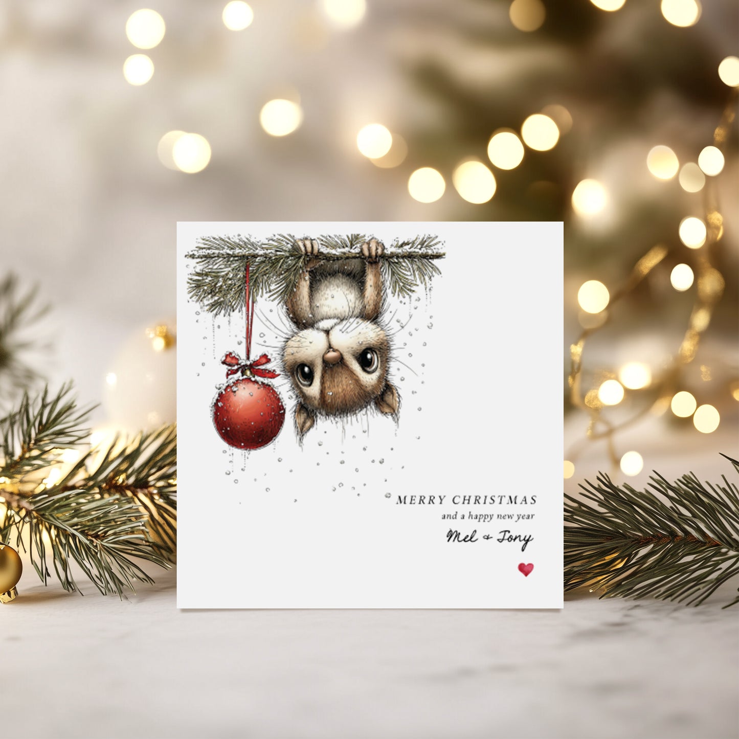 Personalised Christmas Card - Cute Squirrel Bauble Design