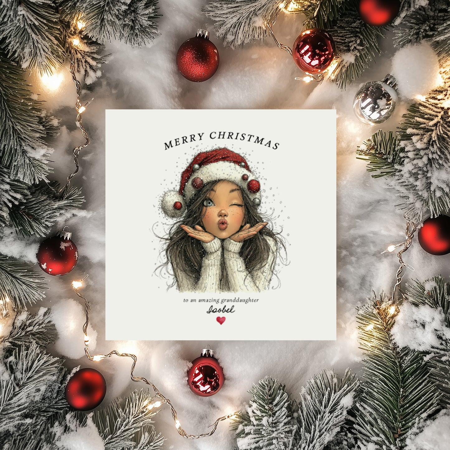 Personalised Girls Christmas Card - Santa Hat Girl Design (Brunette)