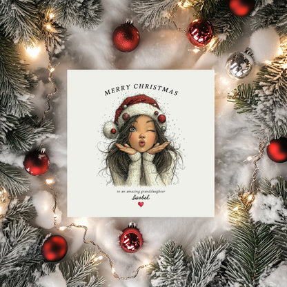 Personalised Girls Christmas Card - Santa Hat Girl Design (Brunette)
