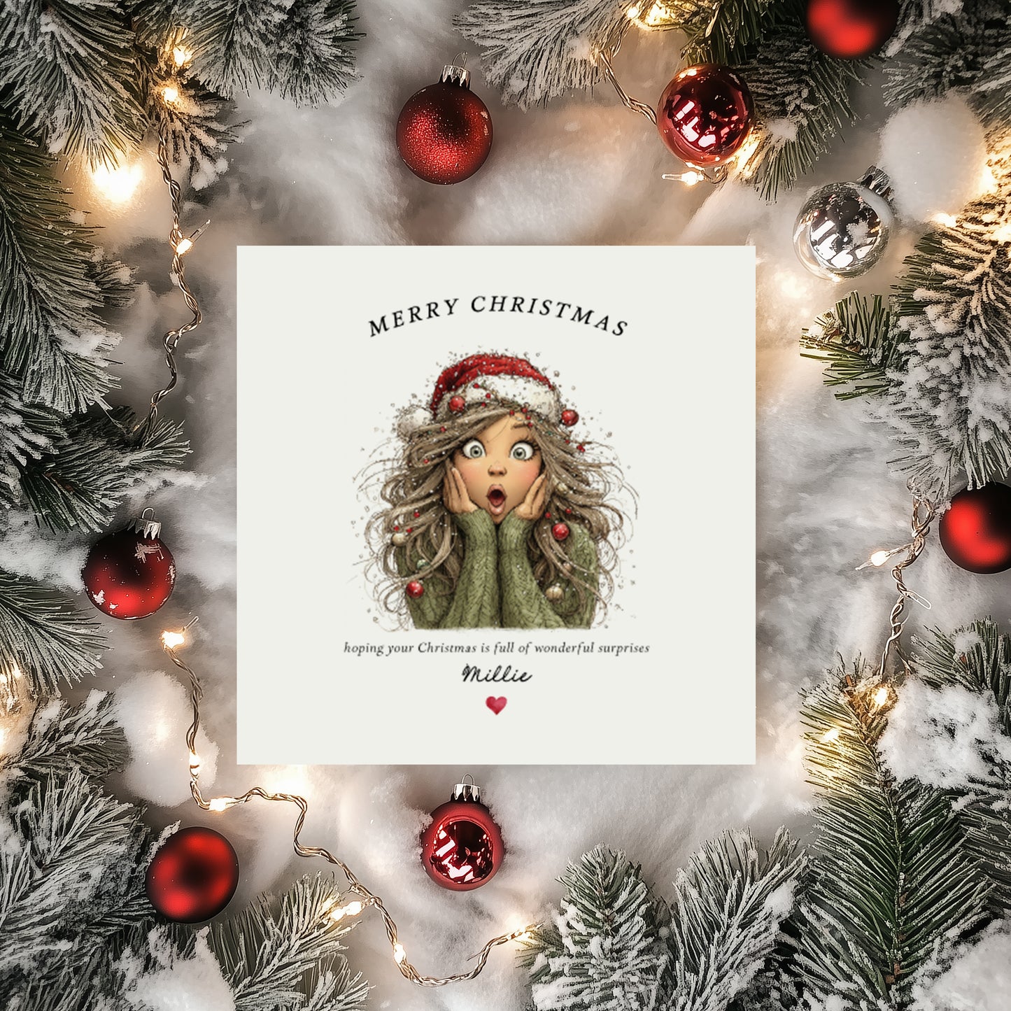 Personalised Girls Christmas Card - Santa Hat Girl Design (Light Hair)