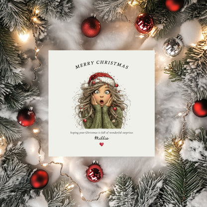 Personalised Girls Christmas Card - Santa Hat Girl Design (Light Hair)