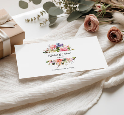 Bright floral money wallet card with personalised names and wedding date