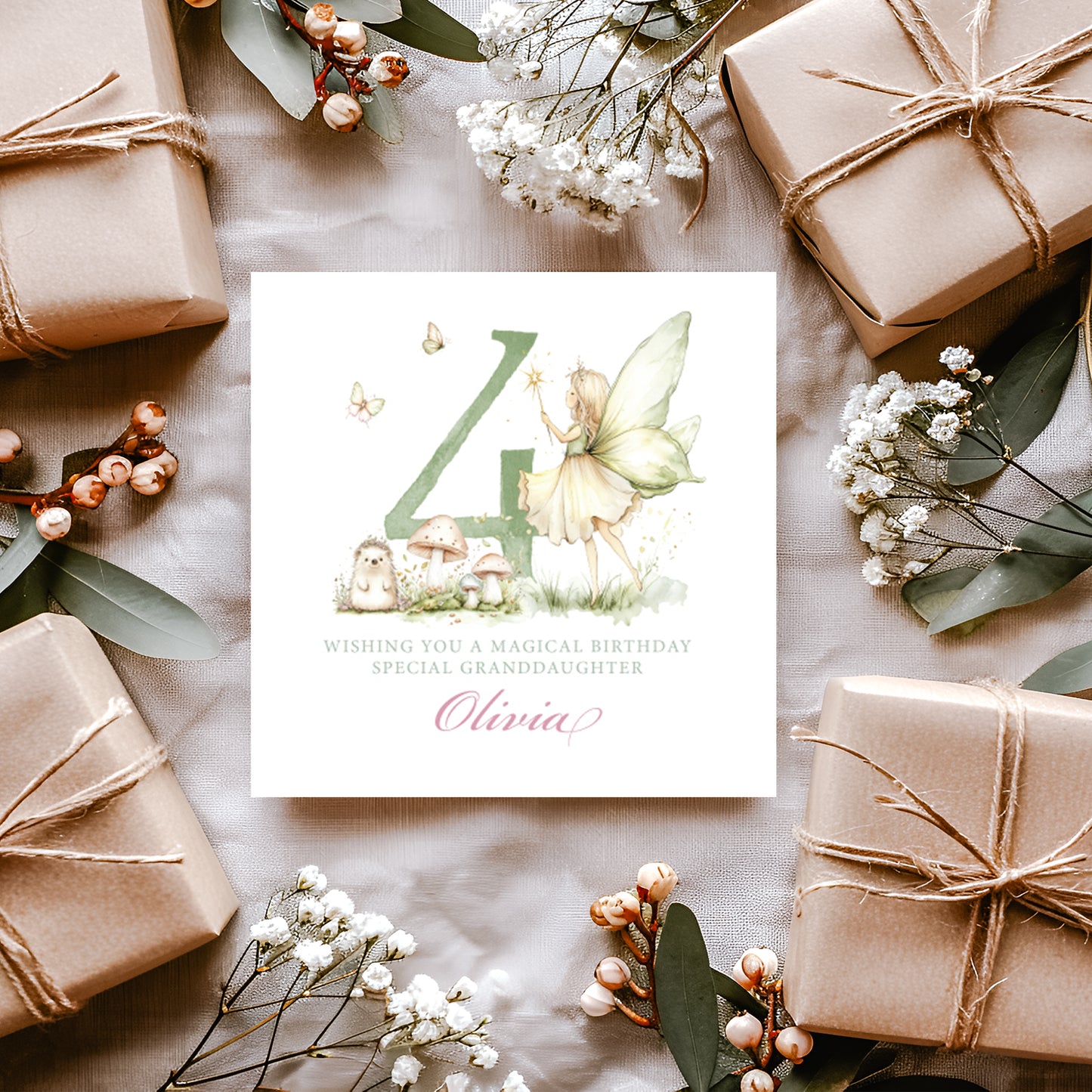 A square white birthday card featuring a watercolour illustration of a delicate fairy in a pale yellow dress with green wings, holding a glowing star wand, standing beside a large sage green number four. At the base of the number sits a small hedgehog and two toadstools surrounded by wildflowers and grass, with two butterflies floating above. Below the illustration the text reads "Wishing You a Magical Birthday" and "Special Granddaughter" in small spaced capitals, with the name "Olivia" in pink cursive 