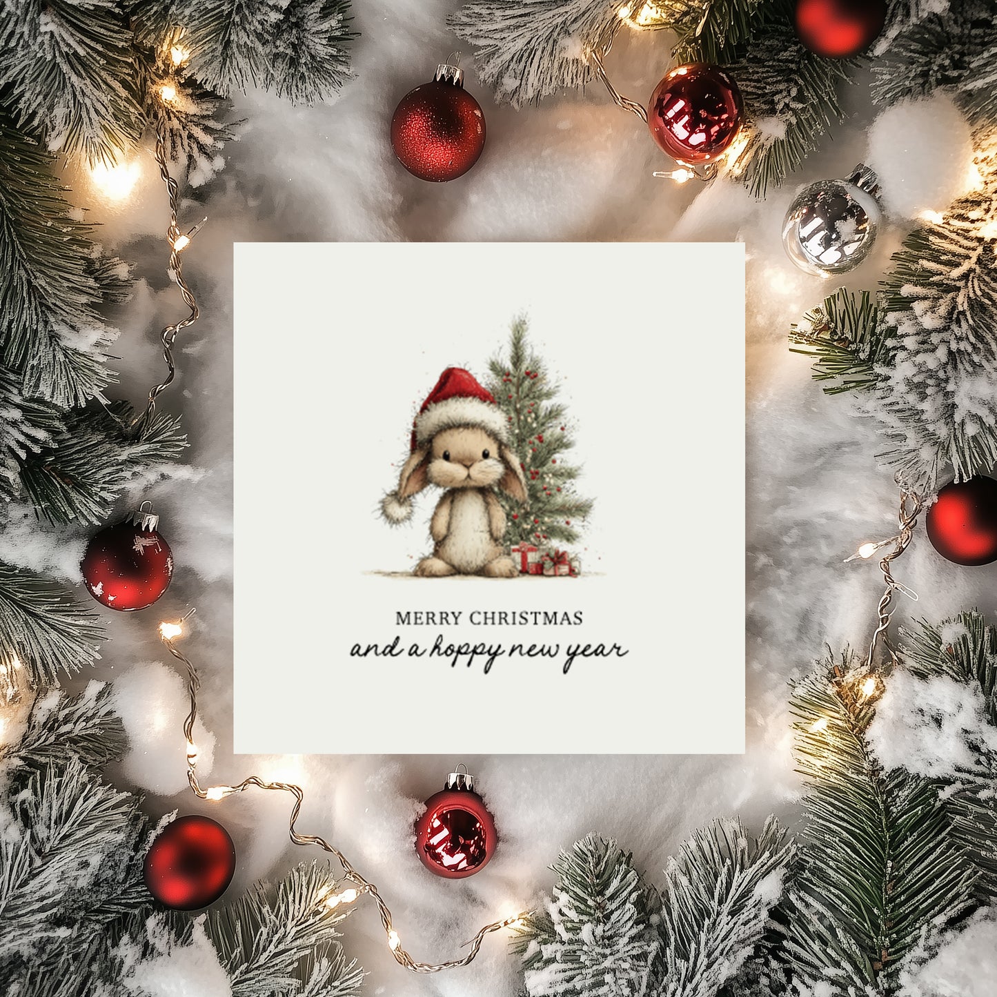 Funny Bunny Christmas Cards: Hoppy New Year Pun, Set of 4