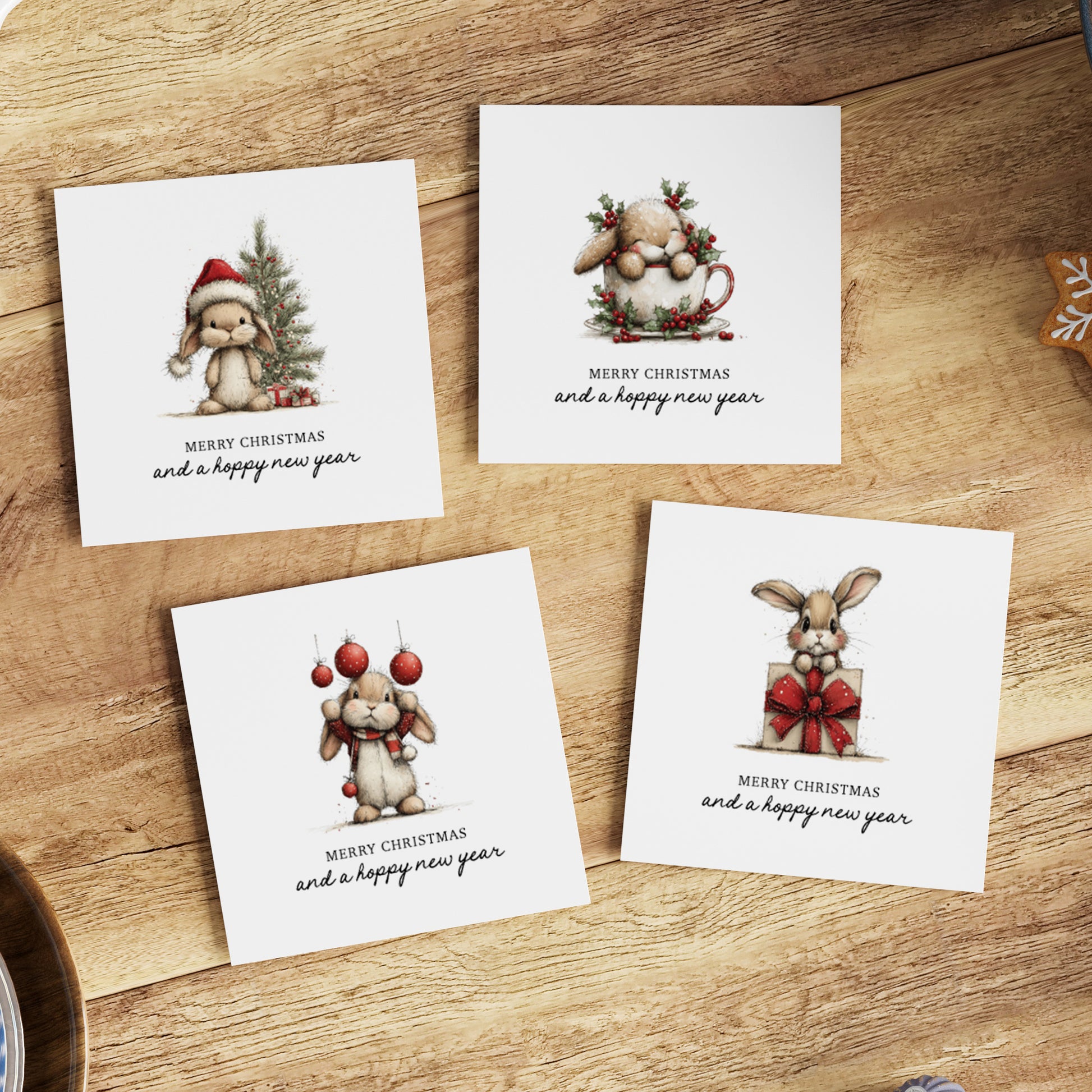 Four bunny-themed Christmas greeting cards with "Merry Christmas and a Hoppy New Year" text on a wooden surface