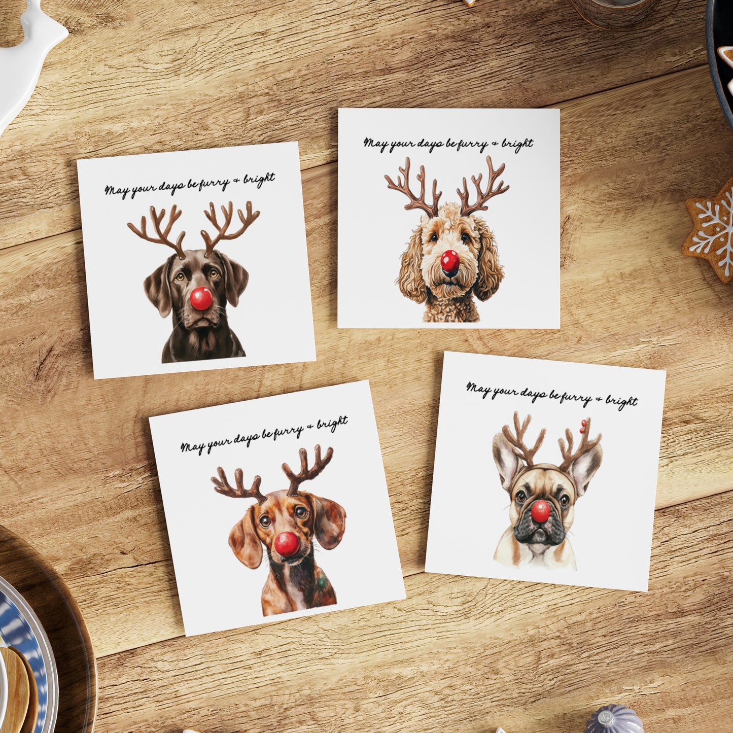 Furry & Bright Dog Christmas Cards: Set of 4 Mixed or One Design