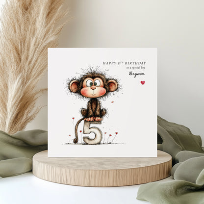 Personalised 5th Birthday Card - Cute Monkey Design