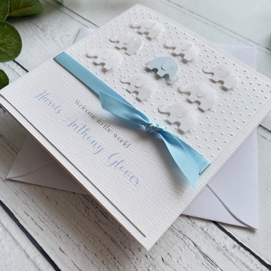 Personalised Handmade Elephant New Baby Boy Card