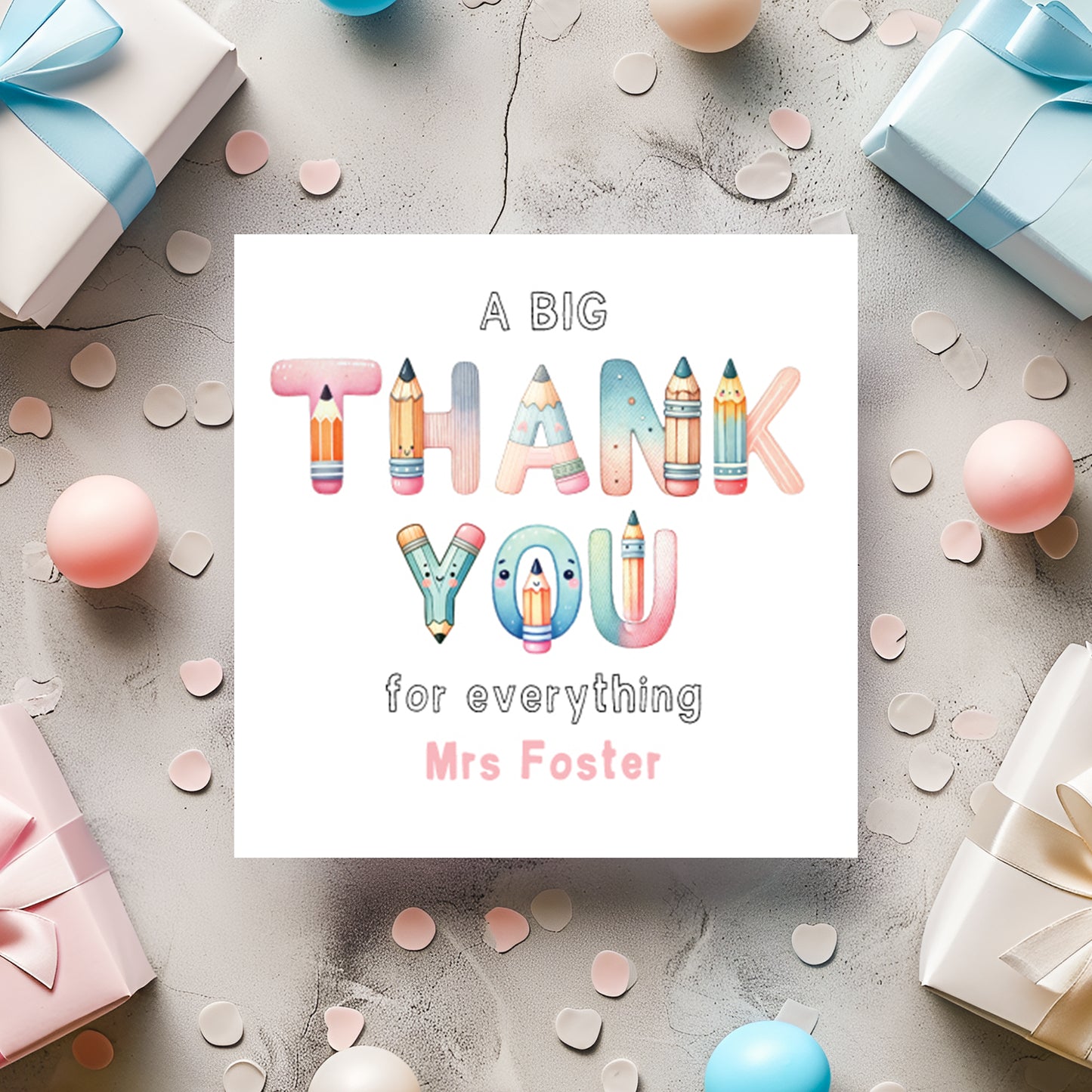 Personalised Thank You Teacher Card, Custom Alphabet Design