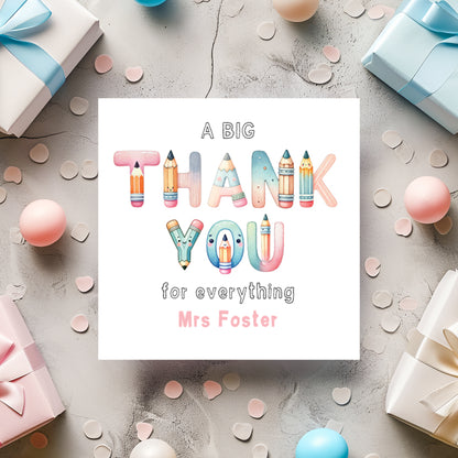 Personalised Thank You Teacher Card, Custom Alphabet Design