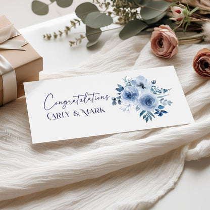 Greeting card money wallet with blue floral design and 'Congratulations Carly & Mark' text
