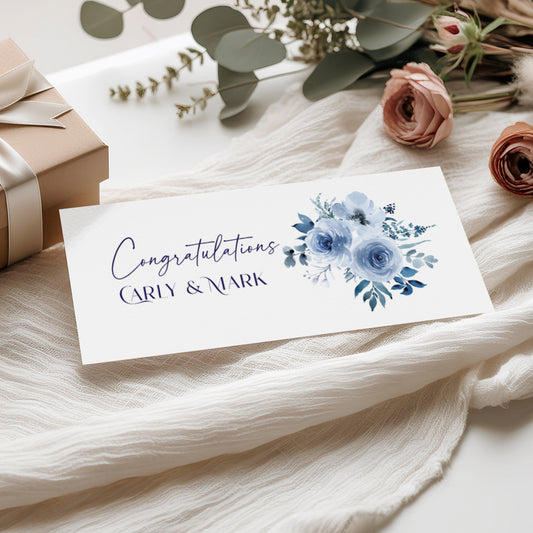 Greeting card money wallet with blue floral design and 'Congratulations Carly & Mark' text