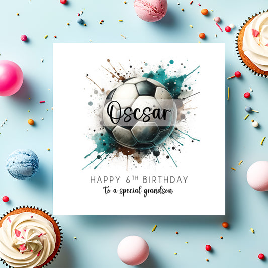 Birthday card with soccer ball design and colourful splashes and balloons on a light blue background