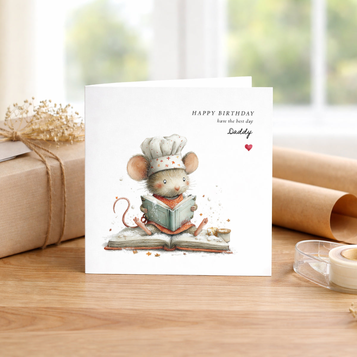 A square white birthday card featuring an illustration of a small mouse wearing a chef’s hat and orange apron, sitting on an open recipe book dusted with flour, reading intently with tiny stars scattered around. Text reads “Happy Birthday have the best day” in spaced capitals and small italics, with “Daddy” in flowing cursive script and a small red heart. Displayed on a wooden surface with kraft wrapping and dried flowers.