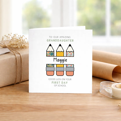 Personalised First Day of School Card - Good Luck Starting School, Pencil Design