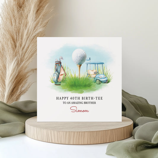 Greeting card with golf-themed illustration on a wooden stand with decorative elements.