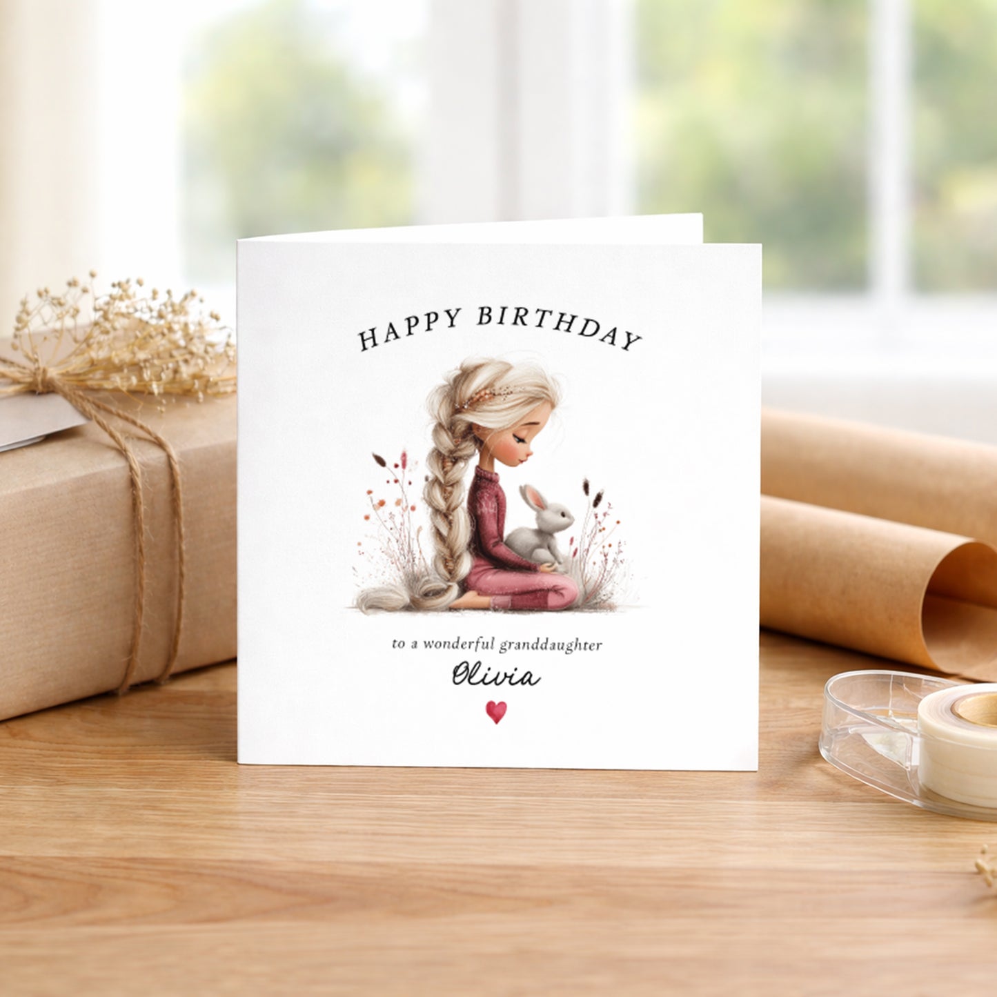 A square white birthday card featuring an illustration of a girl with a long blonde plait wearing a burgundy outfit, sitting cross-legged amongst delicate wildflowers holding a small white bunny. Text reads "Happy Birthday to a wonderful granddaughter" with "Olivia" in cursive script and a small red heart. Displayed on a wooden surface with kraft wrapping and dried flowers.
