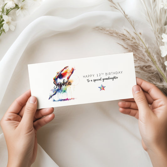 Hands holding a birthday money wallet with bright contemporary dance illustration. Personalised with the name age and relationshp.