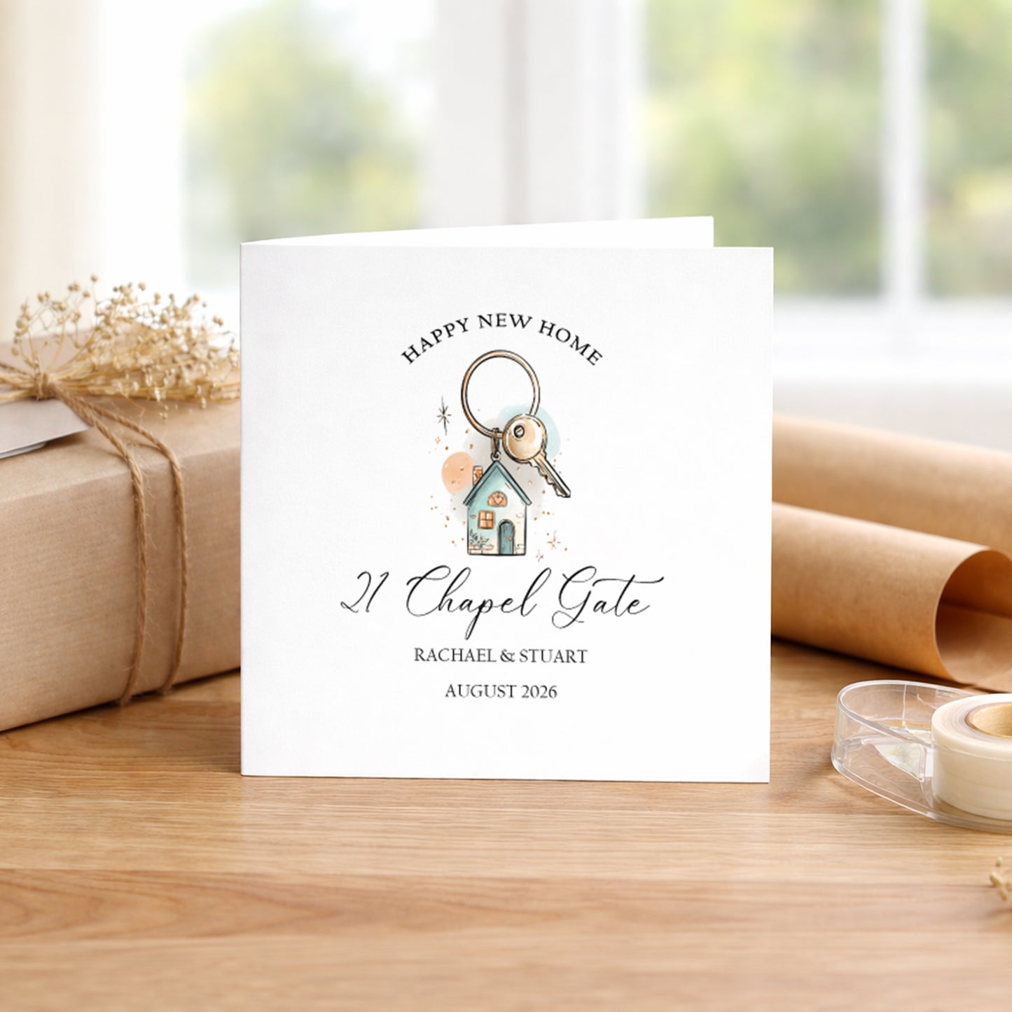 A personaliSed white square card standing on a wooden table, printed with 'HAPPY NEW HOME 21 Chapel Gate RACHAEL & STUART AUGUST 2026' around an illustrated house key. The card is styled in a home setting with a wrapped gift, paper rolls, and tape in the background.