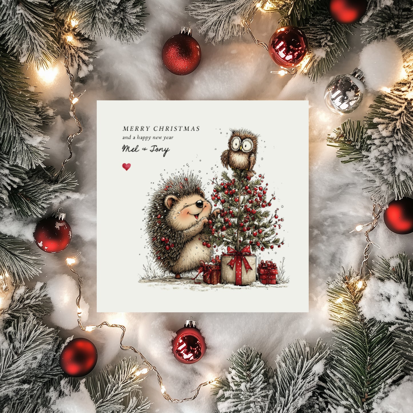 Personalised Hedgehog & Owl Christmas Card | Woodland Design