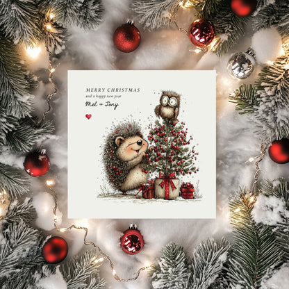 Personalised Hedgehog & Owl Christmas Card | Woodland Design