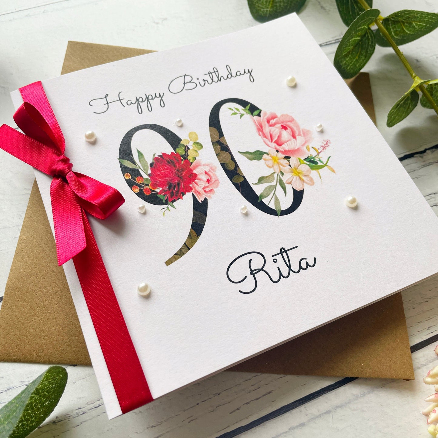Personalised Floral Number 90th Birthday Card