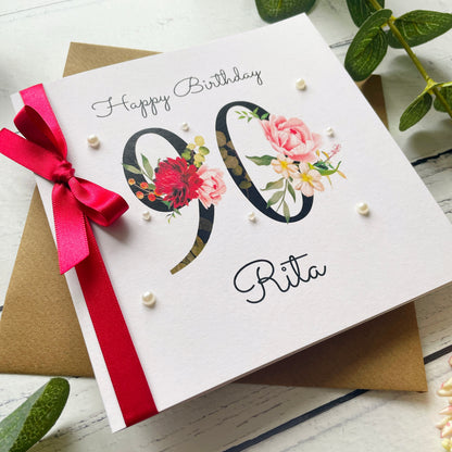 Personalised Floral Number 90th Birthday Card