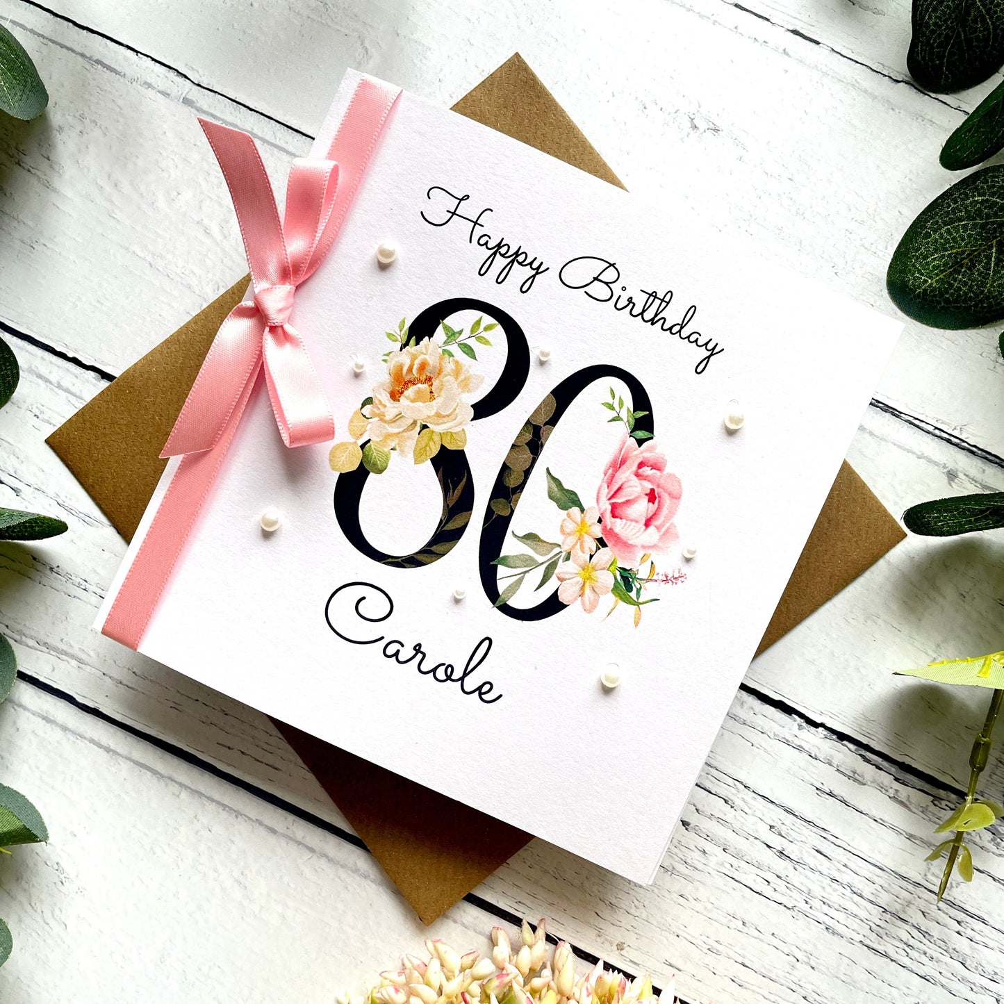 Personalised Floral Number 80th Birthday Card