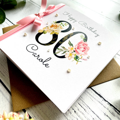Personalised Floral Number 80th Birthday Card