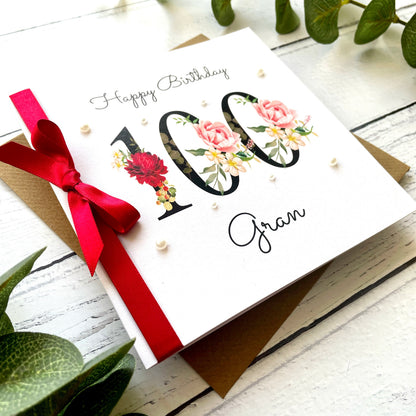 Personalised Floral Number 100th Birthday Card