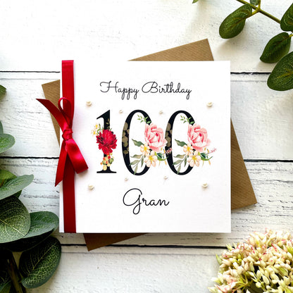 Personalised Floral Number 100th Birthday Card
