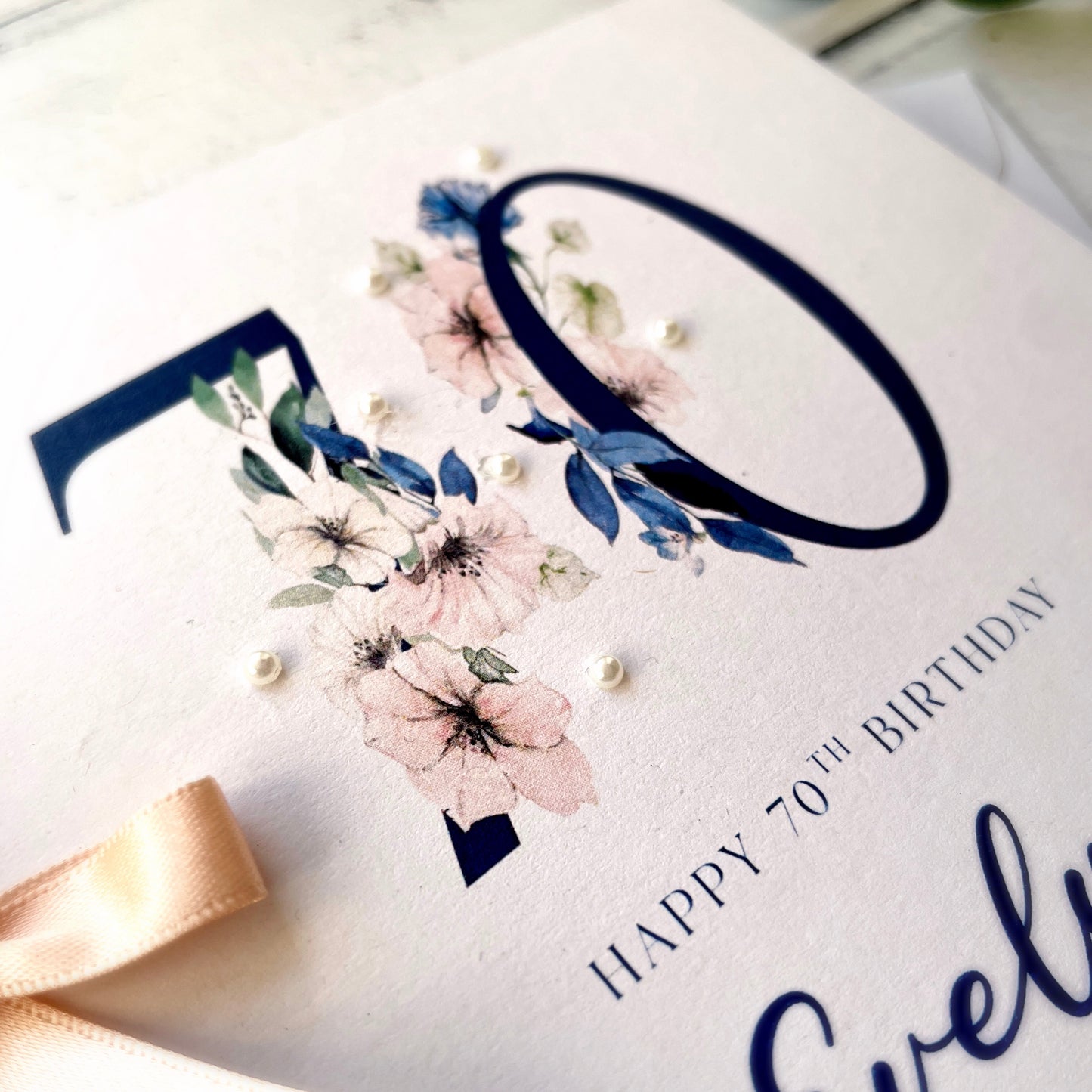 Personalised 70th Birthday Card - Navy and Peach Design