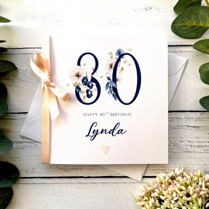 Personalised 80th Birthday Card - Navy & Peach Design