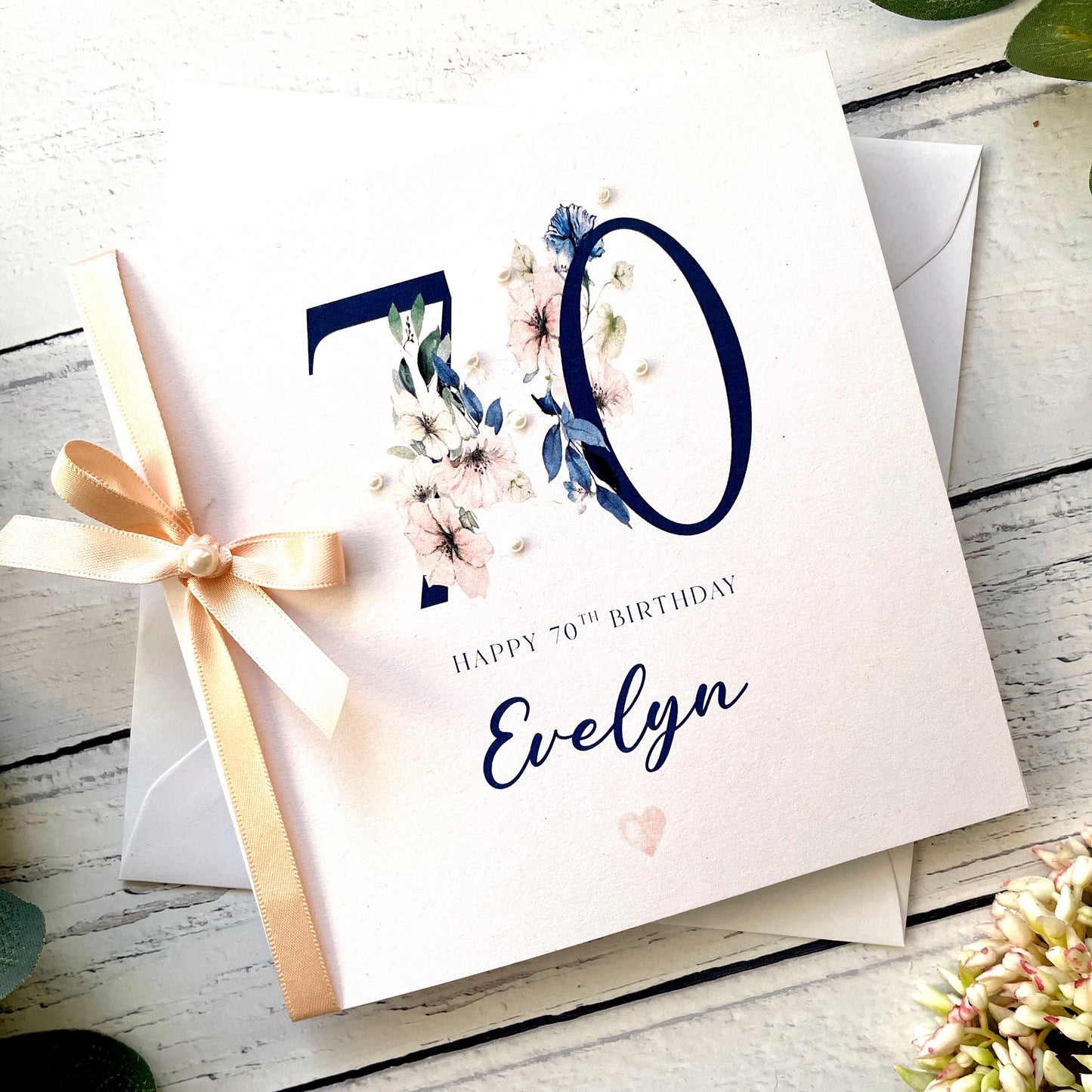 Personalised 70th Birthday Card - Navy and Peach Design