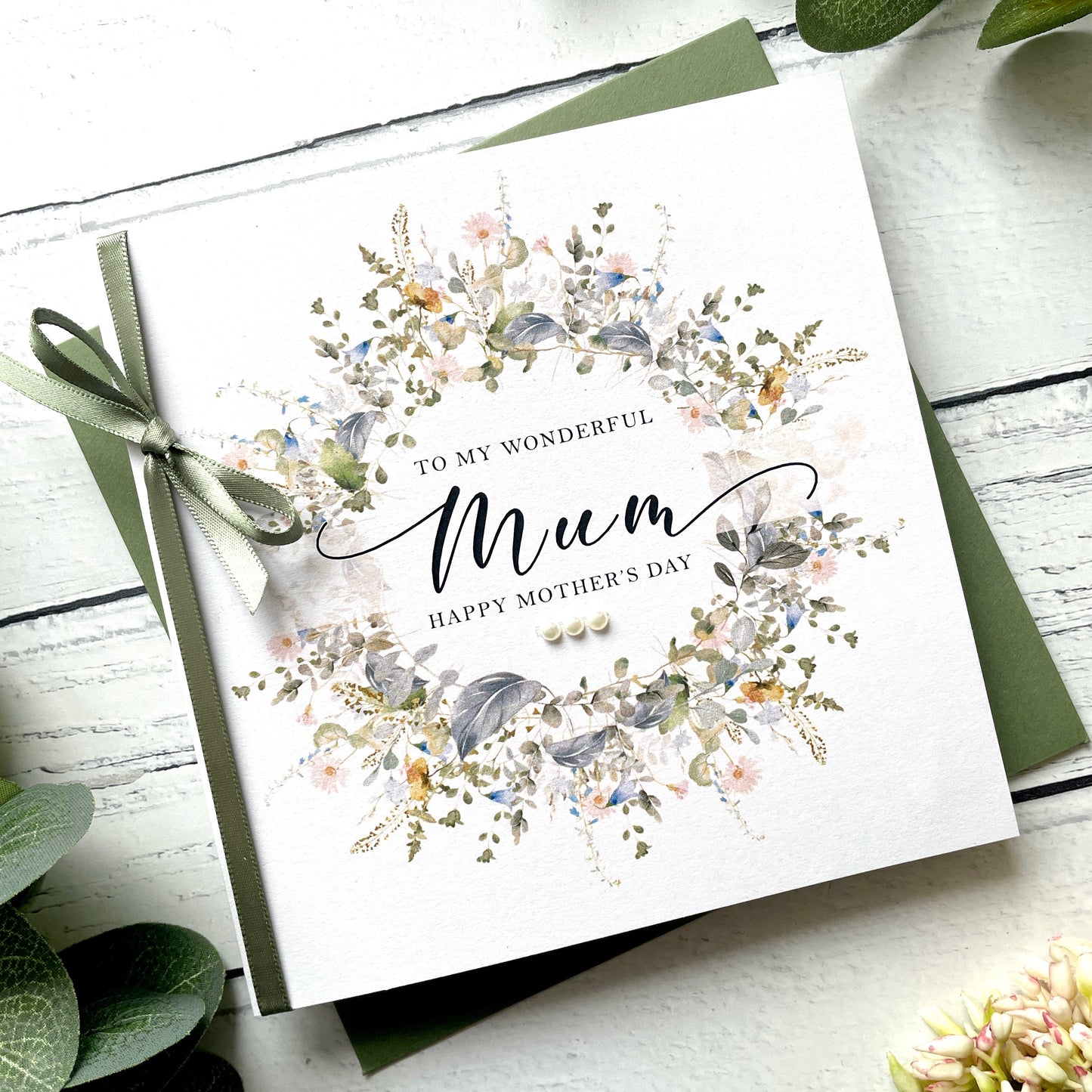 Personalised Floral Mother's Day Card - Eucalyptus Wreath Design