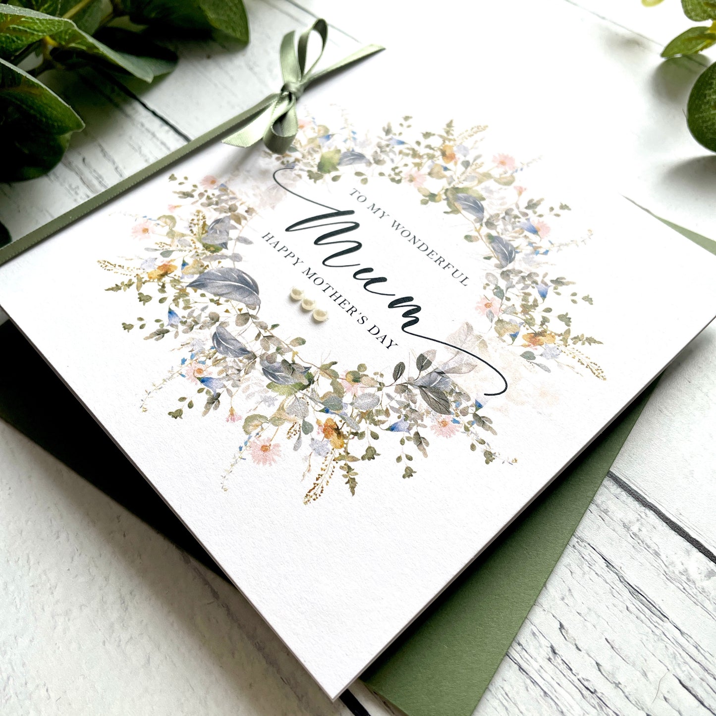 Personalised Floral Mother's Day Card - Eucalyptus Wreath Design