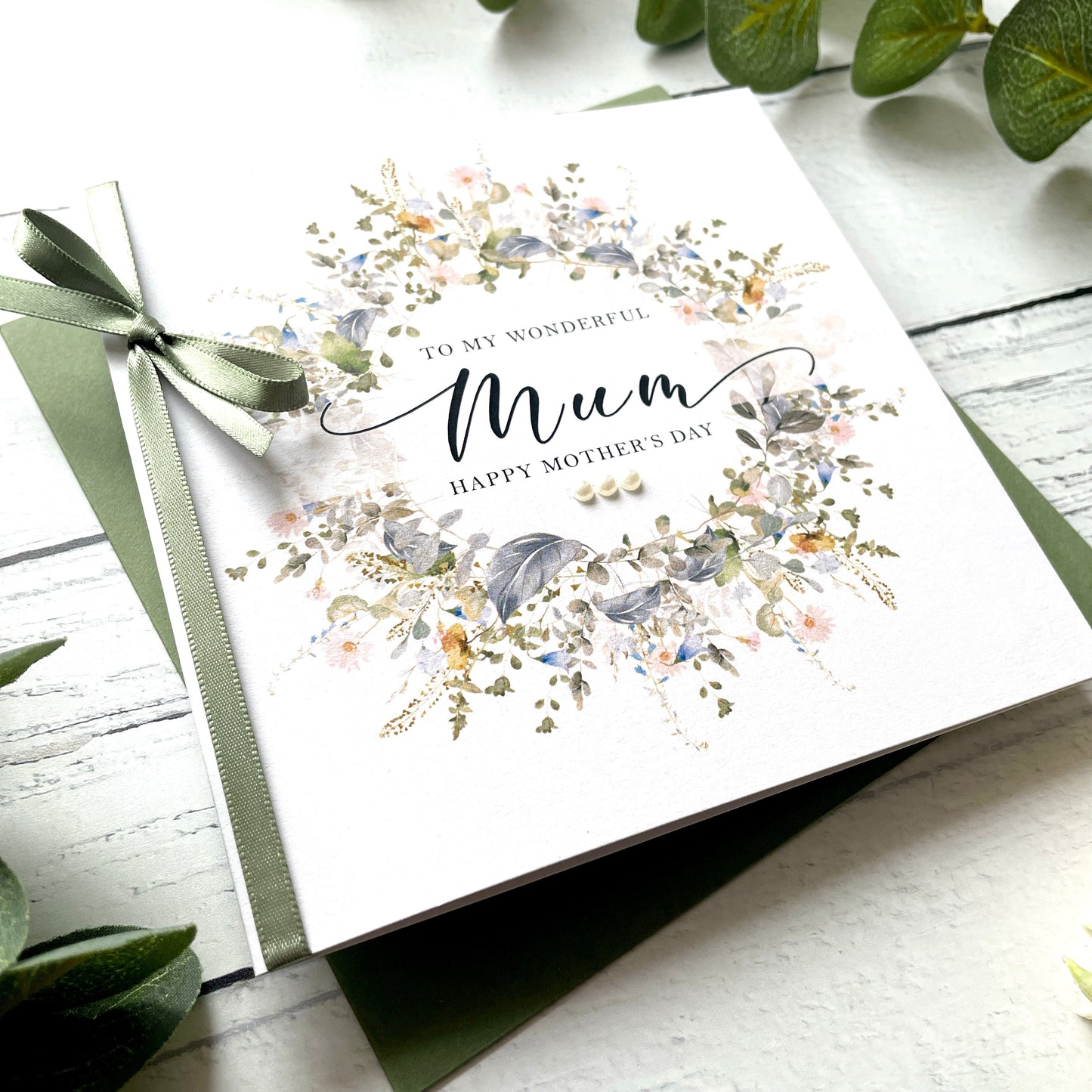Personalised Floral Mother's Day Card - Eucalyptus Wreath Design