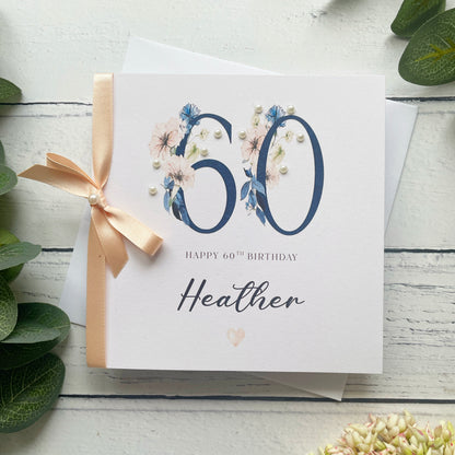Personalised 60th Birthday Card - Navy and Peach Design