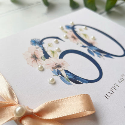 Personalised 60th Birthday Card - Navy and Peach Design