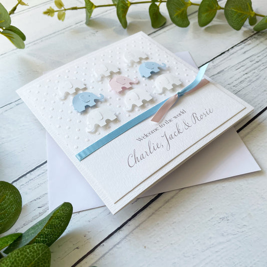 Personalised Handmade Elephant New Baby Triplets Card