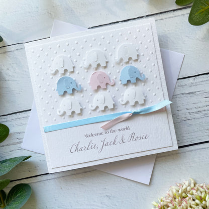 Personalised Handmade Elephant New Baby Triplets Card